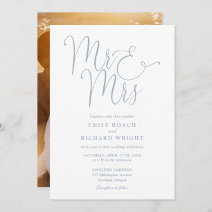 Elegant Script Mr And Mrs Photo Dusty Blue Wedding Invitation