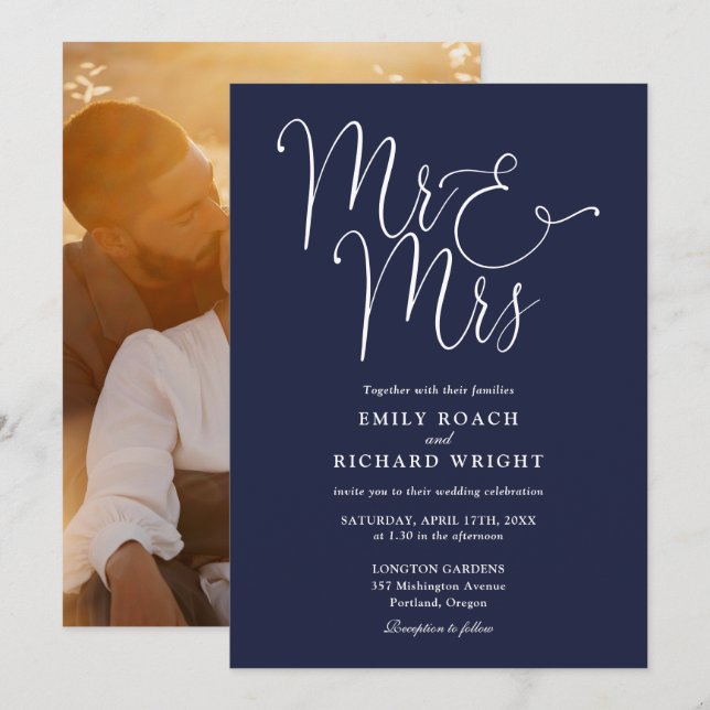 Elegant Script Mr And Mrs Photo Navy Blue Wedding Invitation (Front/Back)