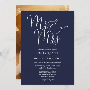 Elegant Script Mr And Mrs Photo Navy Blue Wedding Invitation