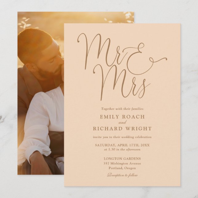 Elegant Script Mr And Mrs Photo Soft Peach Wedding Invitation (Front/Back)