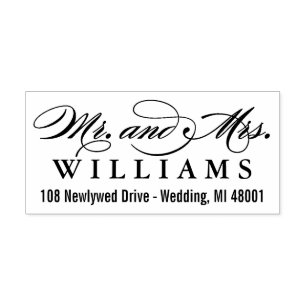 Elegant Script Mr and Mrs Wedding Return Address Rubber Stamp