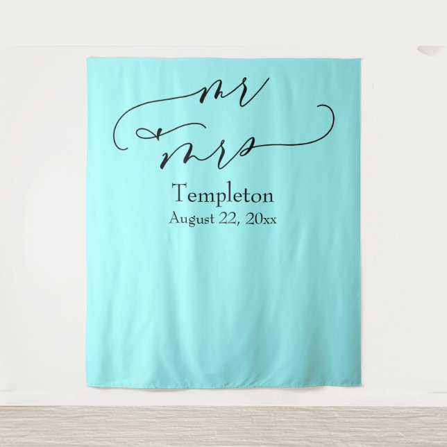 Elegant Script Mr & Mrs Aqua Photo Background Tapestry (Front)