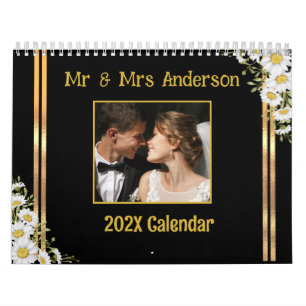 Elegant Script Mr & Mrs Couple  Gold Floral Photo Calendar