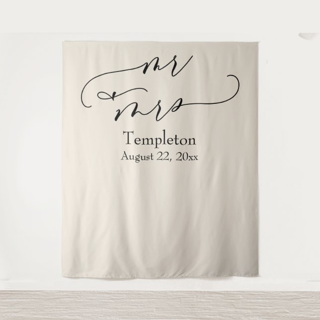 Elegant Script Mr & Mrs Cream Photo Backdrop Tapestry (Front)