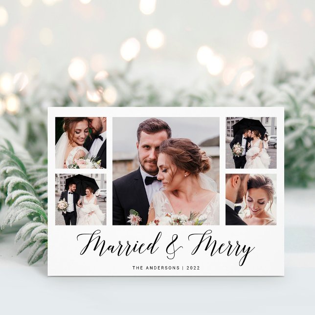 Elegant Script Multi Photo Grid Married and Bright Holiday Card (Creator Uploaded)