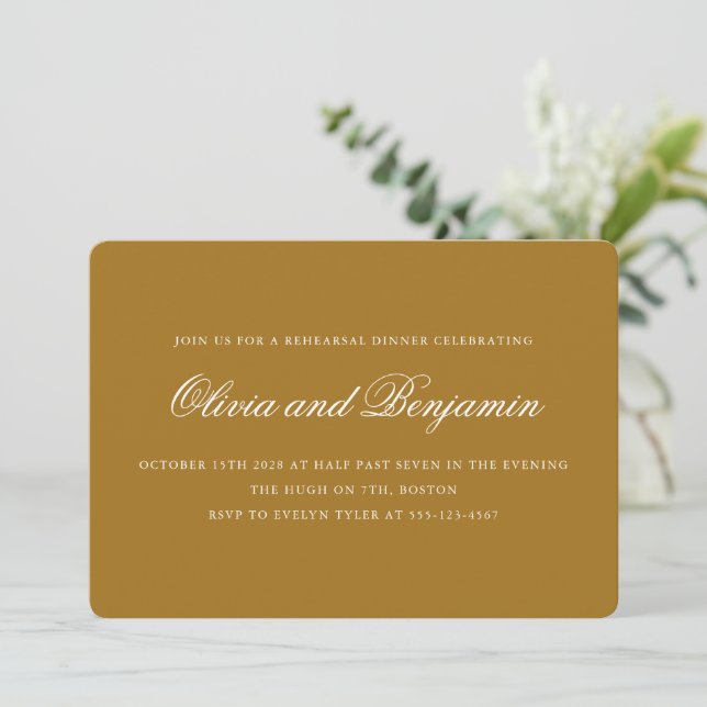 Elegant Script Mustard Gold Chic Rehearsal Dinner Invitation (Standing Front)