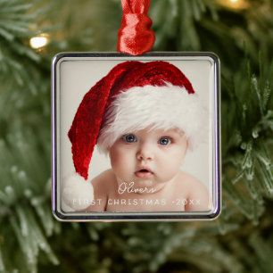 Elegant Script My 1st Christmas Baby's Photo Metal Tree Decoration