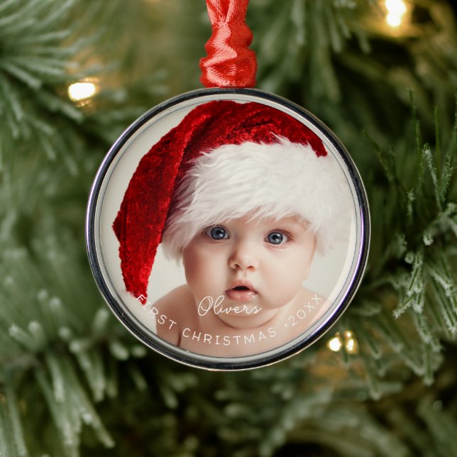 Elegant Script My 1st Christmas Baby's Photo Metal Tree Decoration (Tree)