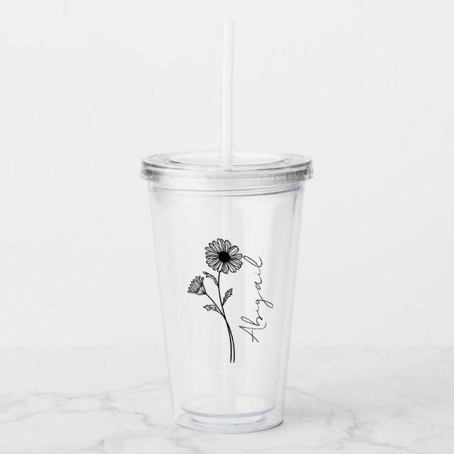 Elegant Script Name April Month Birth Flower Daisy Acrylic Tumbler (Front)