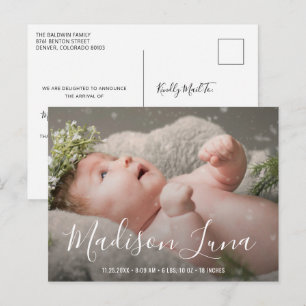 Elegant Script Name Baby Girl Photo Birth Announcement Postcard