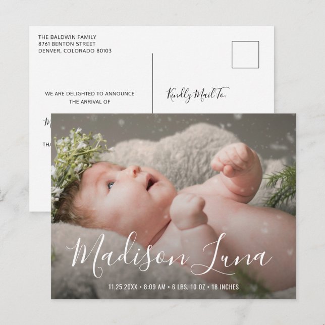 Elegant Script Name Baby Girl Photo Birth Announcement Postcard (Front/Back)
