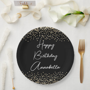Elegant Script Name Black & Gold Glitter Birthday Paper Plate