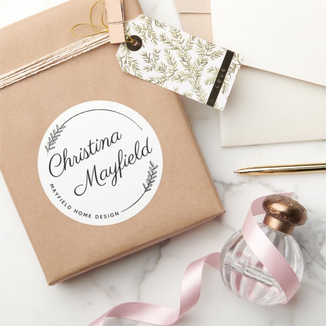 Elegant Script Name Botanical Wreath Business Classic Round Sticker (Gifting)