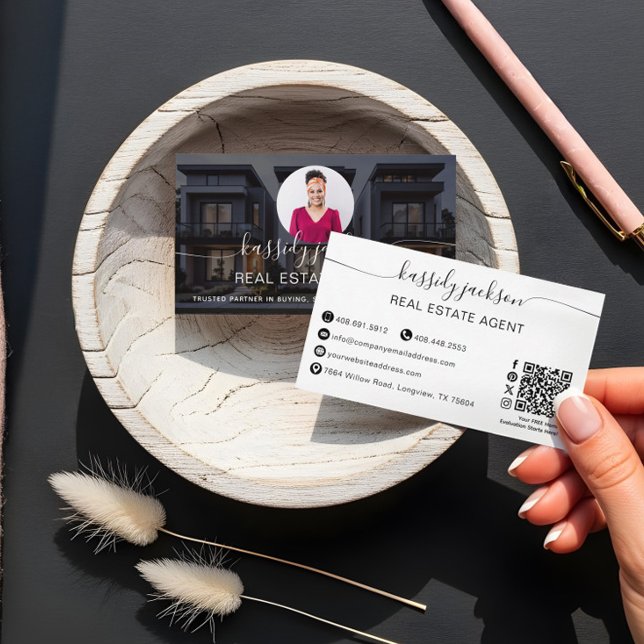 Elegant Script Name Circle Business Photo QR Code Card (Elegant Script Name Circle Business Photo QR Code Business Card)