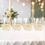 Elegant Script Name Date Bridesmaid Gift Stemless Wine Glass<br><div class="desc">Elegant Script Name Date Bridesmaid Gift. A lovely keepsake for your bridesmaids,  with the header in a set stylish script,  and easily personalise each glass as required. You can change the colours of the text if you so wish via the edit further option.</div>