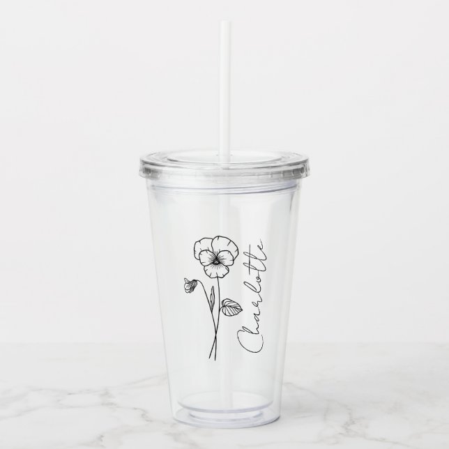 Elegant Script Name February Birth Flower Violet Acrylic Tumbler (Front)