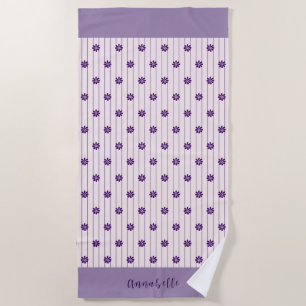 Elegant Script Name Flowers, Blush, Violet Striped Beach Towel