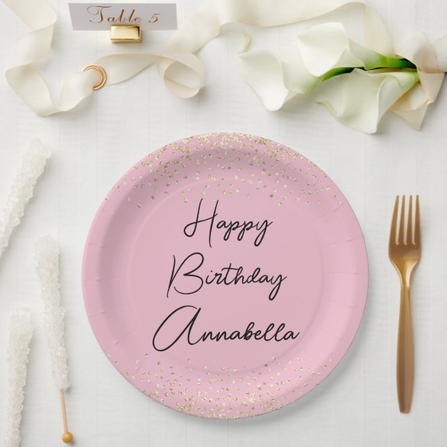 Elegant Script Name Gold Glitter on Blush Pink Paper Plate (Wedding)