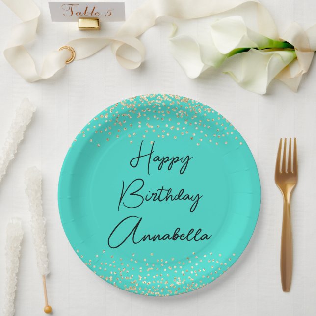 Elegant Script Name Gold Glitter on Turquoise Paper Plate (Wedding)