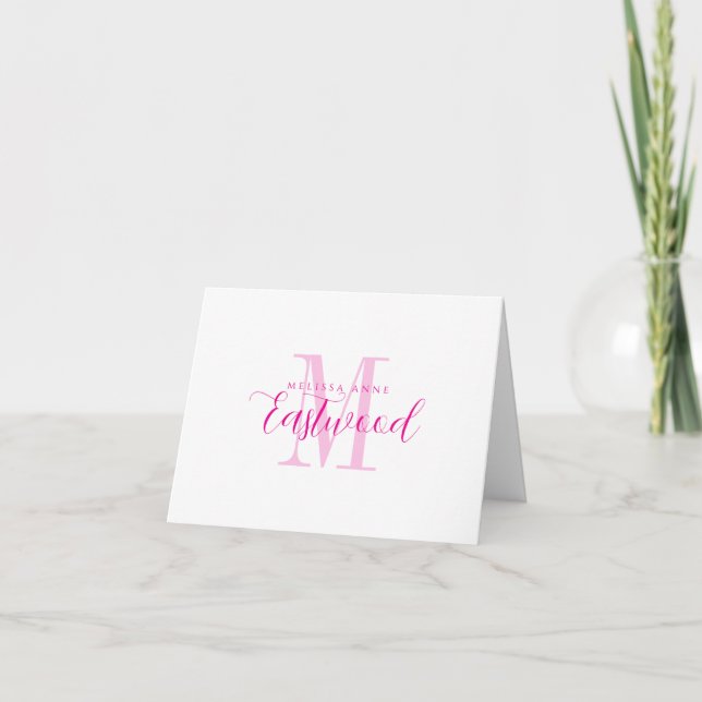 Elegant Script Name Hot Pink Monogram Folded Note Card (Front)