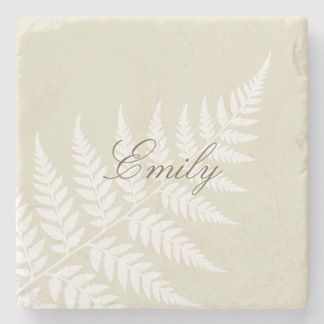Elegant Script Name Light Green White Fern Stone Coaster (Front)