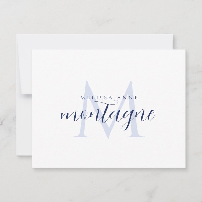 Elegant Script Name Navy Blue Monogram  Card (Front)