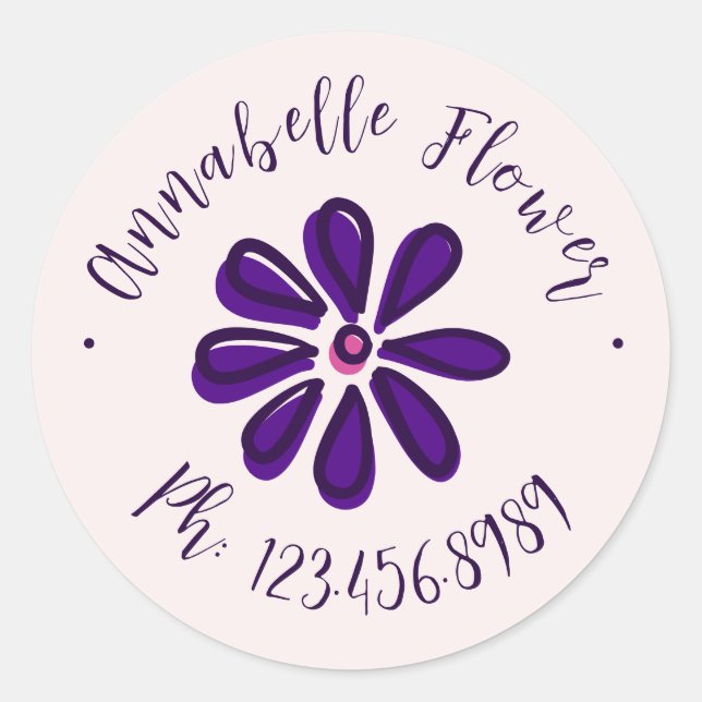 Elegant Script - Name Phone - Flower Classic Round Sticker (Front)