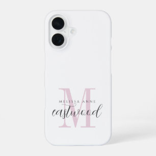 Elegant Script Name Pink Black Monogram  iPhone 16 Case