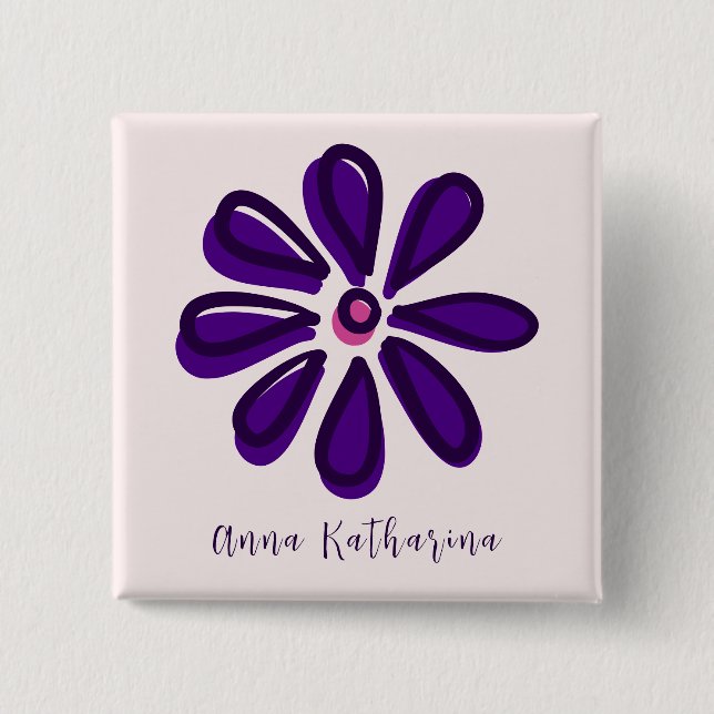 Elegant Script Name Purple Flower Doodle Square 15 Cm Square Badge (Front)