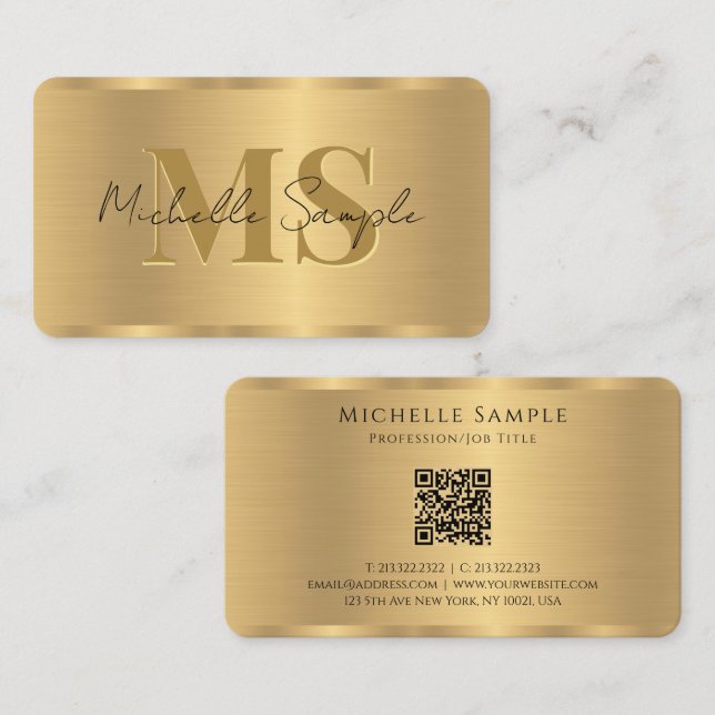 Elegant Script Name QR Code Template Gold Monogram Business Card (Front/Back)