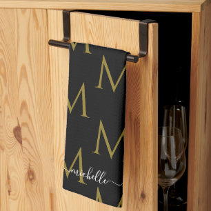 Elegant Script Name Template Monogram Black & Gold Tea Towel