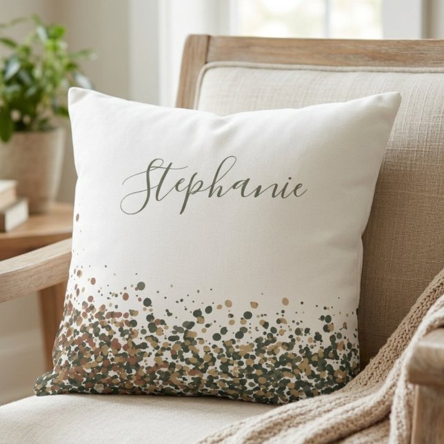 Elegant script name with earthy glitter confetti cushion (This soft throw pillow with elegant script and earthy glitter is perfect for a friend’s birthday.)
