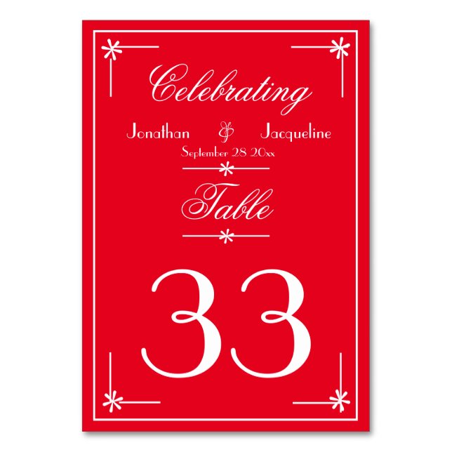 Elegant script names chic romantic red wedding table number (Back)
