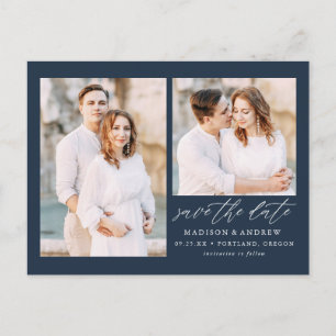 Elegant Script Navy 2 Photo Save the Date Announcement Postcard