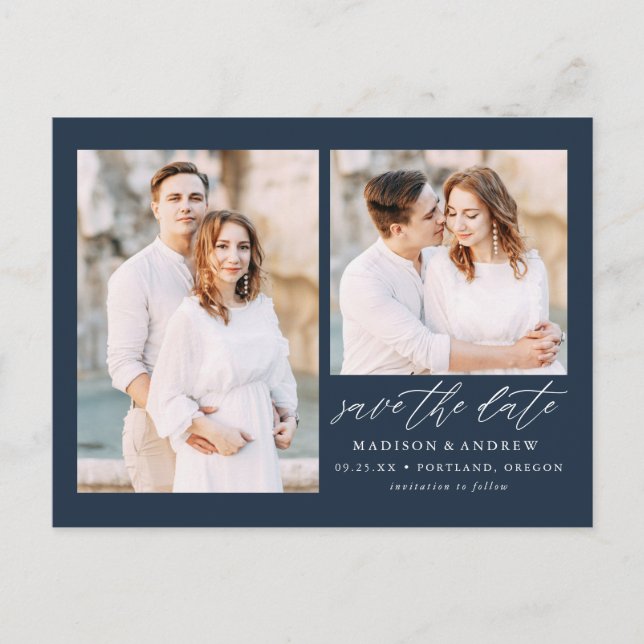 Elegant Script Navy 2 Photo Save the Date Announcement Postcard (Front)