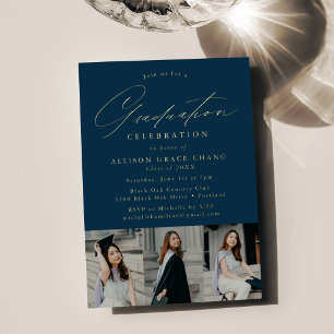 Elegant Script Navy 3 Photo Graduation Party