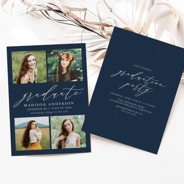 Elegant Script Navy 4 Photo Graduation Party Invitation (Creator Uploaded)