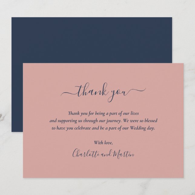 Elegant Script Navy Blue and Blush Thank You Card (Front/Back)