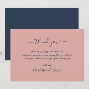 Elegant Script Navy Blue and Blush Thank You Card