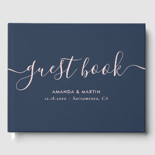 Elegant Script Navy Blue and Blush Wedding Guest Book