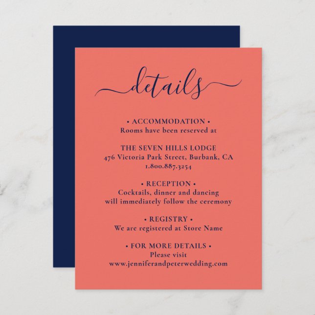 Elegant Script Navy Blue and Coral Wedding Details Enclosure Card (Front/Back)