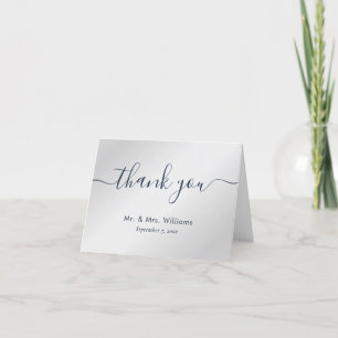 Elegant Script Navy Blue and Silver Thank You Card