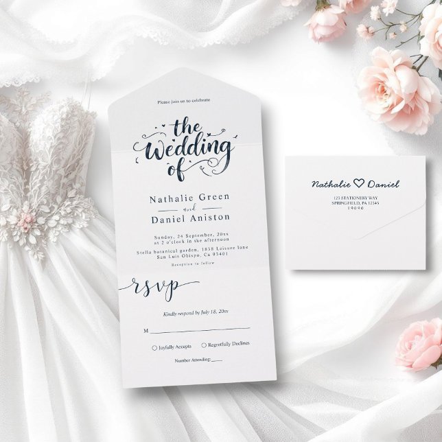 Elegant Script Navy Blue and White Modern Wedding All In One Invitation (Creator Uploaded)