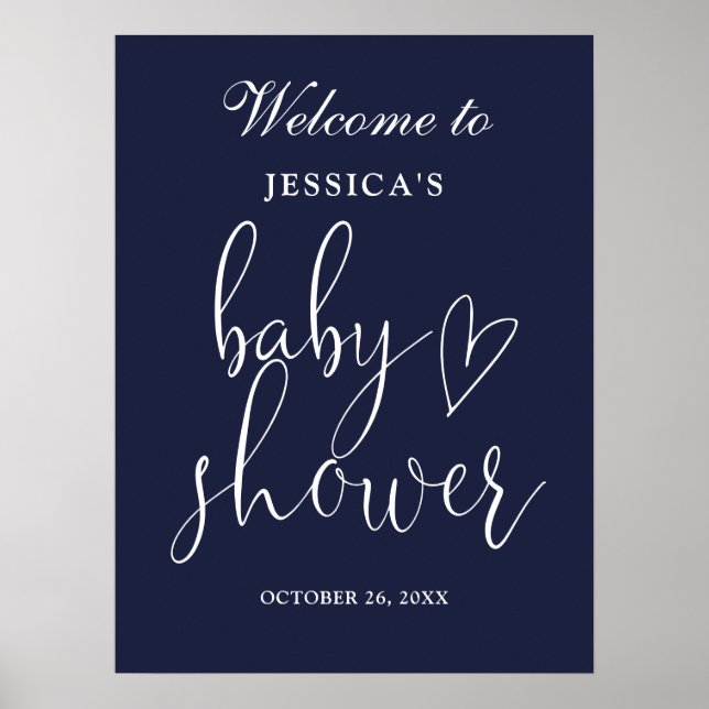Elegant Script Navy Blue Baby Shower Welcome Sign (Front)