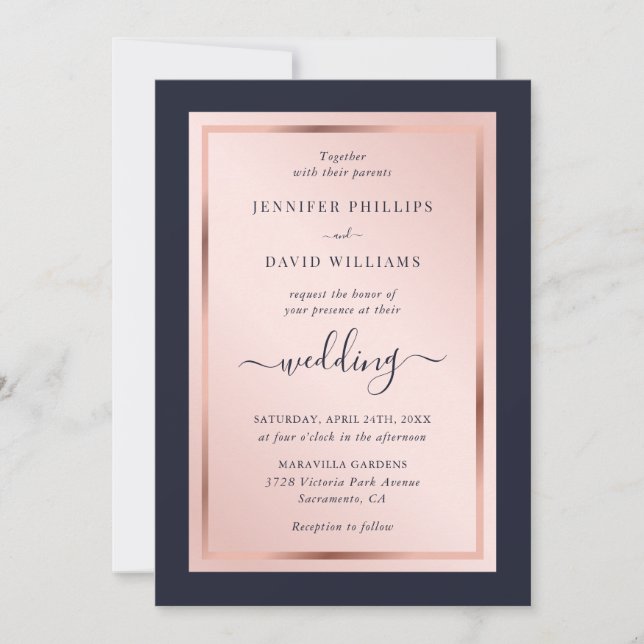 Elegant Script Navy Blue Blush Rose Gold Wedding Invitation (Front)