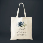 elegant script navy blue floral maid of honour tote bag<br><div class="desc">simple calligraphy script watercolor navy blue floral maid of honour wedding tote bag</div>