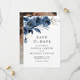 Elegant Script Navy Blue Floral Photo Wedding Save The Date