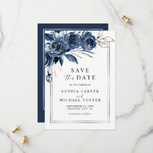 Elegant Script Navy Blue Floral Photo Wedding Save The Date