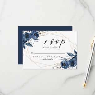 Elegant Script Navy Blue Floral QR Code Wedding RSVP Card