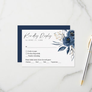 Elegant Script Navy Blue Floral Wedding RSVP Card